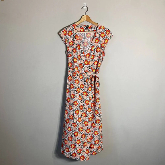 J.Crew Mercantile Short Sleeve Floral Midi Wrap Dress Women's XS Orange V-Neck - Picture 3 of 14